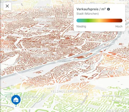 Karte mit farblicher Abstufung zu Verkaufspreisen / m² in der Stadt München
