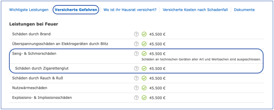 Sengschäden in den Tarifdetails