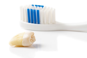 Ein ausgefallener Zahn liegt neben einer Zahnbürste.