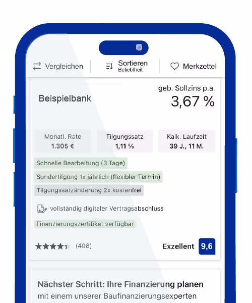Smartphone mit einem Baufinanzierungsangebot der Beispielbank mit Sollzins, monatlicher Rate und dem Hinweis „Finanzierungszertifikat verfügbar“