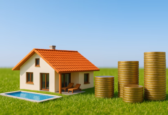Modellhaus im Grünen mit Pool und Liegen neben Münzstapeln