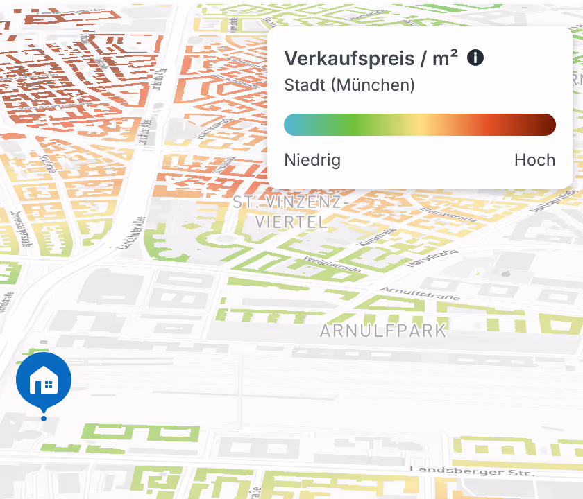 Karte mit farblicher Abstufung zu Verkaufspreisen / m² in der Stadt München