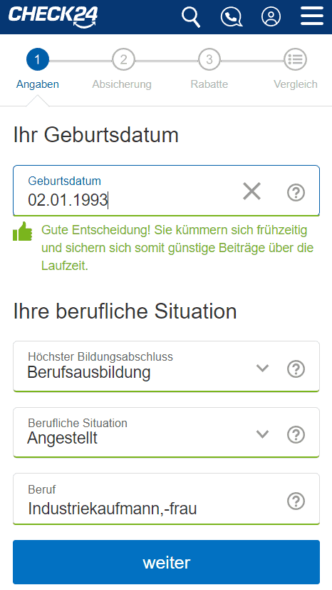 Screenshot der Eingabeseite im BU-Vergleichsrechner