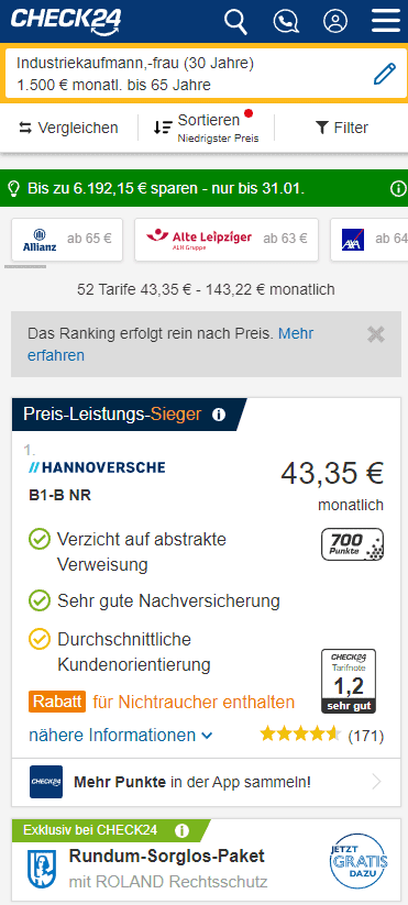 Screenshot der Ergebnisseite im BU-Vergleich (mobile)