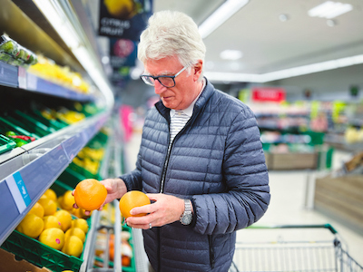 Älterer Mann schaut sich Zitrusfrüchte im Supermarkt an.