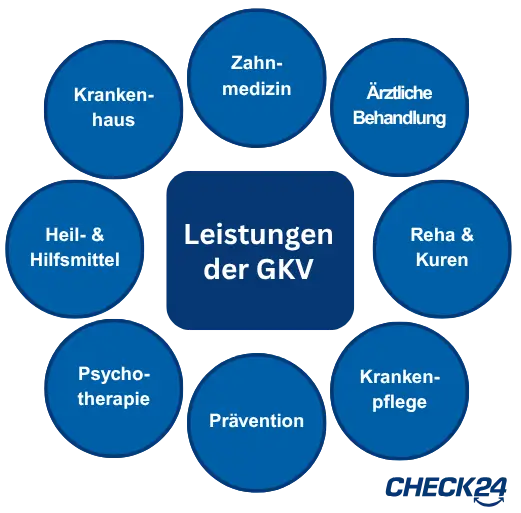 Überblick der Leistungen in der GKV: Dazu zählen Zahnmedizin, ärztliche Behandlungen, Reha und Kuren, Krankenpflege, Prävention, Psychotherapie, Heil- und Hilfsmittel sowie Leistungen im Krankenhaus.