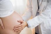 Arzt untersucht Bauch einer schwangeren Frau.