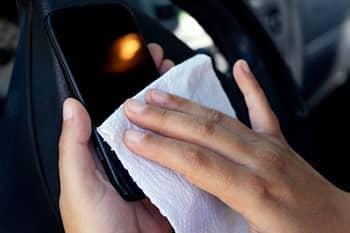 Zwei Frauenhände reinigen ein Smartphone mit einem groben Papiertuch.