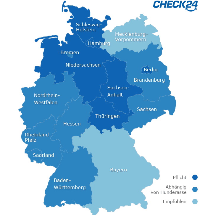 Deutschlandkarte: Versicherungspflicht für Hundehalter in den einzelnen Bundesländern