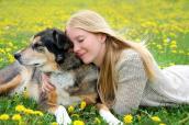 Bild zum Welthundetag: Eine Frau und ein Hund liegen auf einer Blumenwiese und kuscheln.