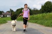Ein kleines Mädchen führt einen Hund an der Leine.