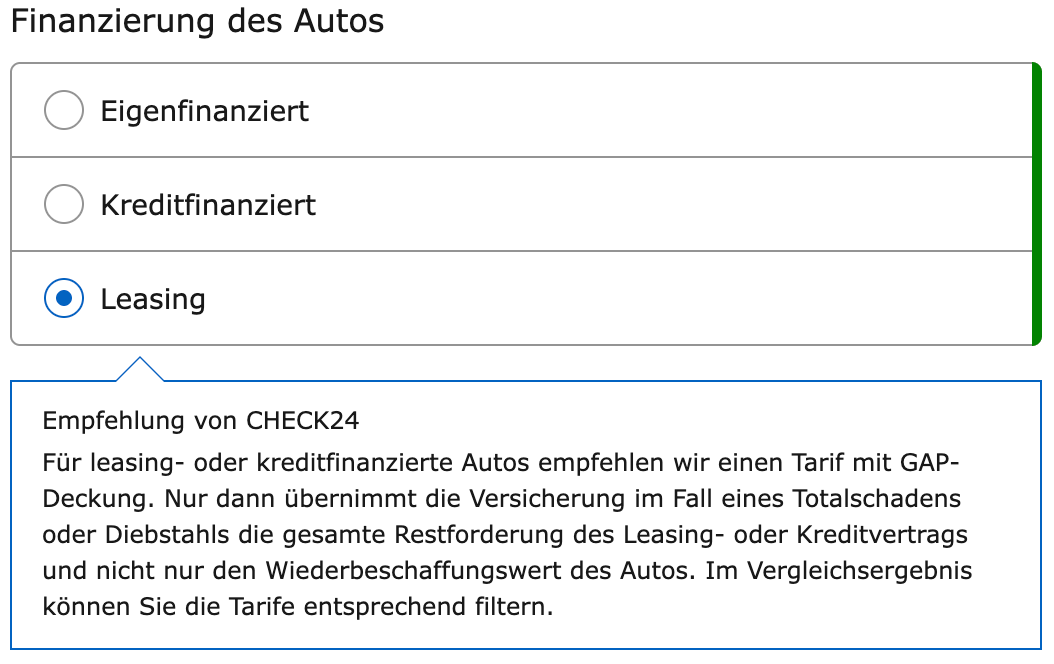 Leasing Angabe im Kfz-Versicherungsrechner von CHECK24