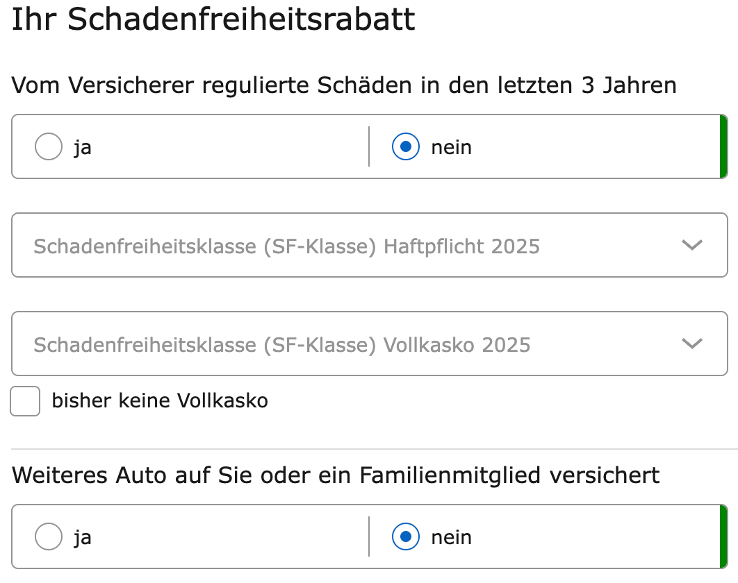 Schadenfreiheitsklasse Angabe im Kfz-Versicherungsrechner von CHECK24