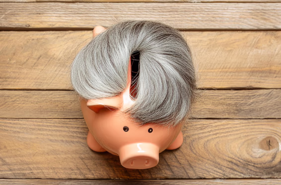 Ein Sparschwein mit grauen Haaren