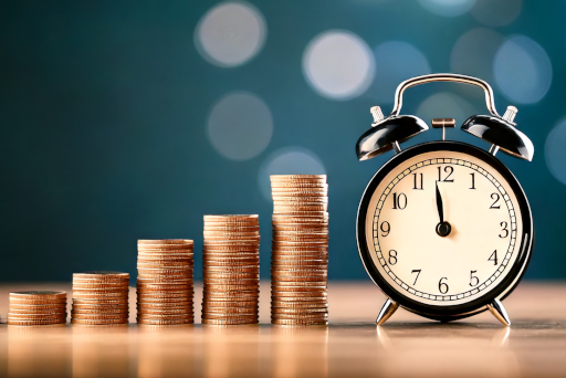 Ratenkredit Münzstapel neben einem Wecker