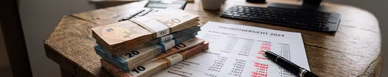 Stapel mit Geldscheinen und Papier mit Zahlen