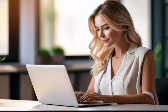 Eine Frau sitzt an einem Laptop