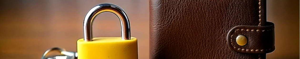 Sicherheitscode Kreditkarte - diese Funktion haben CVC und CVV Ein Schloss und ein Geldbeutel auf einem Schreibtisch