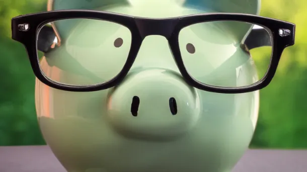 Was ist ein Sparkonto? Ein Sparschwein, das eine Brille trägt