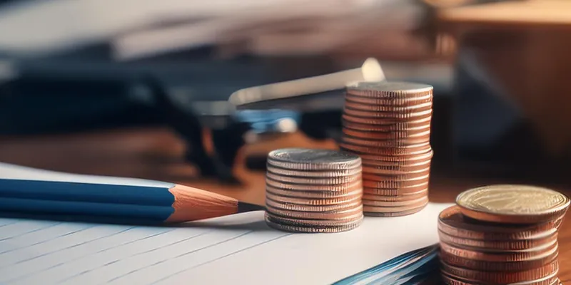 Kredit mit befristetem Arbeitsvertrag Münzen, Stift und Papier auf einem Schreibtisch