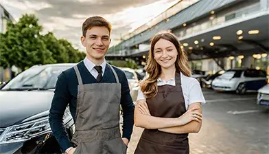 Zwei Auszubildende vor einem Auto Zwei Auszubildende vor einem Auto