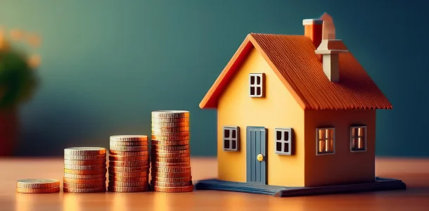 Immobilie Ein kleines Haus mit Münzstapeln daneben