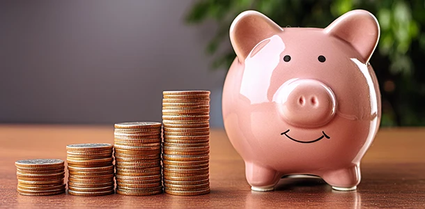 Optimale Zinsbindung für Ihre Geldanlage Sparschwein neben Münzstapeln