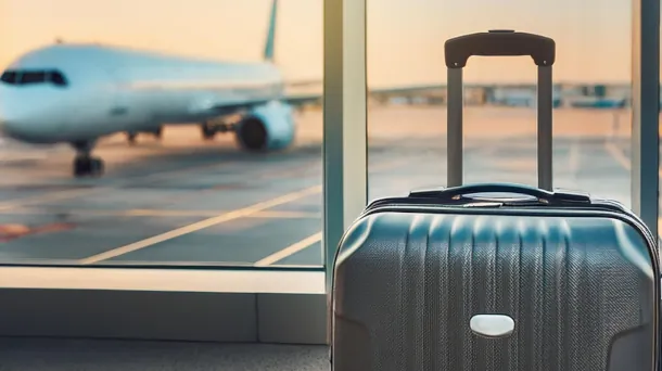 Mit einer Reiserücktrittsversicherung auf den Ernstfall vorbereitet sein Koffer steht in einem Wartebereich eines Flughafens