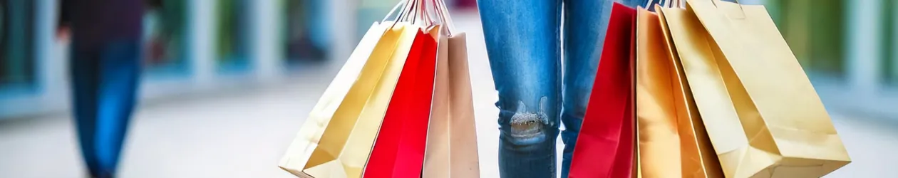 Ratenkauf Schufa und Buy Now Pay Later Frau trägt Einkaufstüten