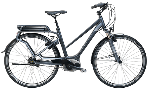 Abbildung eines dunkelgrauen E-Bikes vor weißem Hintergrund.