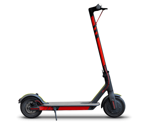 Abbildung eines roten E-Scooters vor weißem Hintergrund.