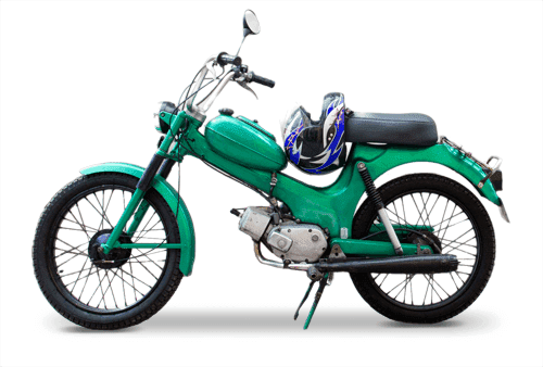 Abbildung eines grünen Mopeds vor weißem Hintergrund.
