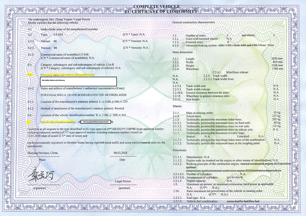 Abbildung eines "Certificate of Conformity" für Mopeds