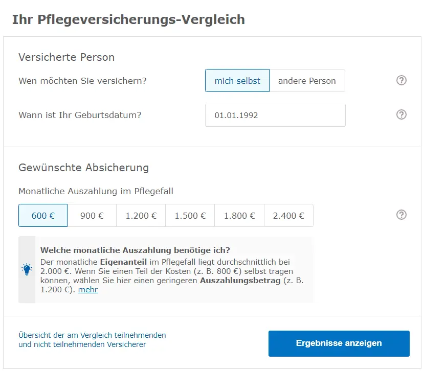 Screenshot der Eingabemaske des Pflegeversicherung Rechners