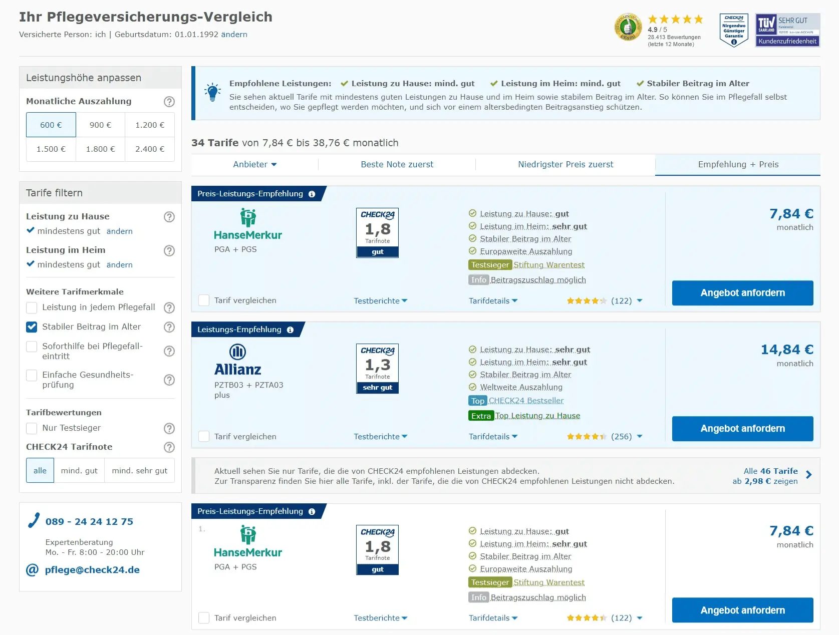 Screenshot der Ergebnisseite des Pflegeversicherung Rechners