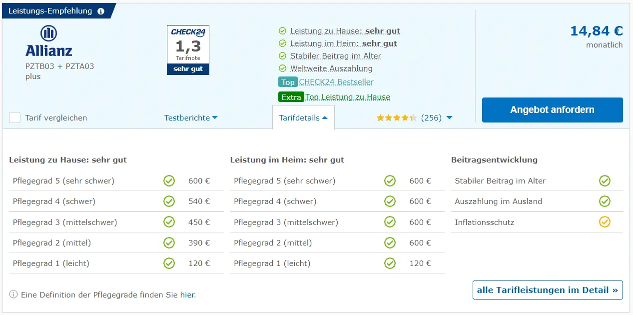 Screenshot der Tarifdetails im Pflegeversicherung Rechner