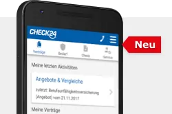 Bild der oberen Hälfte eines Handys, auf dem ein Auszug der Homepage von CHECK24 angezeigt wird. Im oberen linken Eck des Handy-Displays wird das CHECK24-Logo dargestellt. Oben rechts befindet sich ein Telefon und daneben ein Burger-Navigationsmenü. Darunter ein Banner mit vier Icons. Unter dem Banner mit den Icons werden die letzten Aktivitäten des Nutzers dargestellt. Durch einen Klick könnte er zu diesen Aktivitäten zurückkehren und beispielsweise seinen Vergleich fortsetzen. Neben dem Handy ist ein rotes Banner mit dem Schriftzug Neu.
