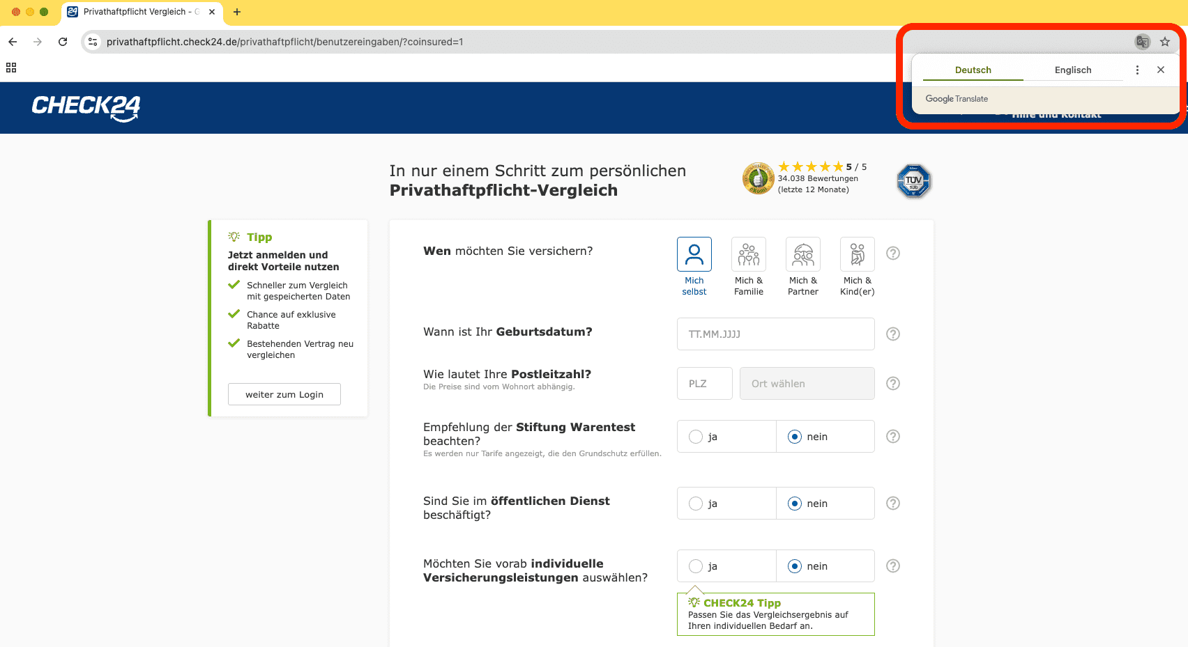 CHECK24 Screenshot in English