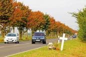 Auto überholt auf der Landstraße ein anderes Auto. Zudem ist Kreuz für einen Verkehrstoten zu sehen.