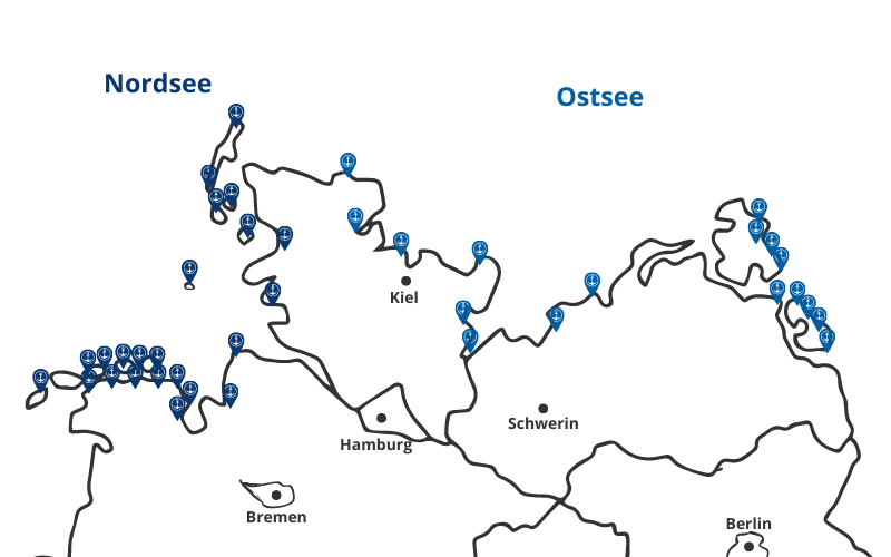 Eine Deutschlandkarte mit dem nördlichen Teil des Landes. Sie zeigt Pointer, welche alle Reedereien an der Nord- und Ostsee darstellen.