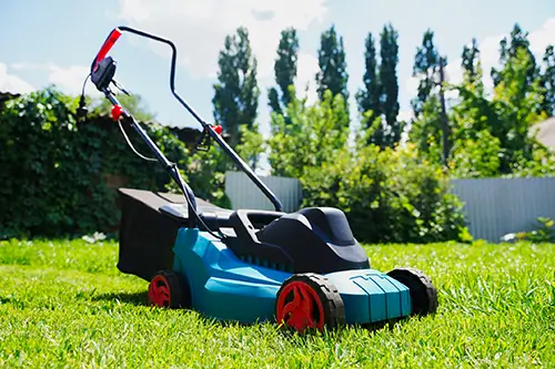 Blauer Rasenmäher in einem Garten