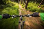Mountainbike-Fahrer im Wald aus der Helmkamera-Perspektive