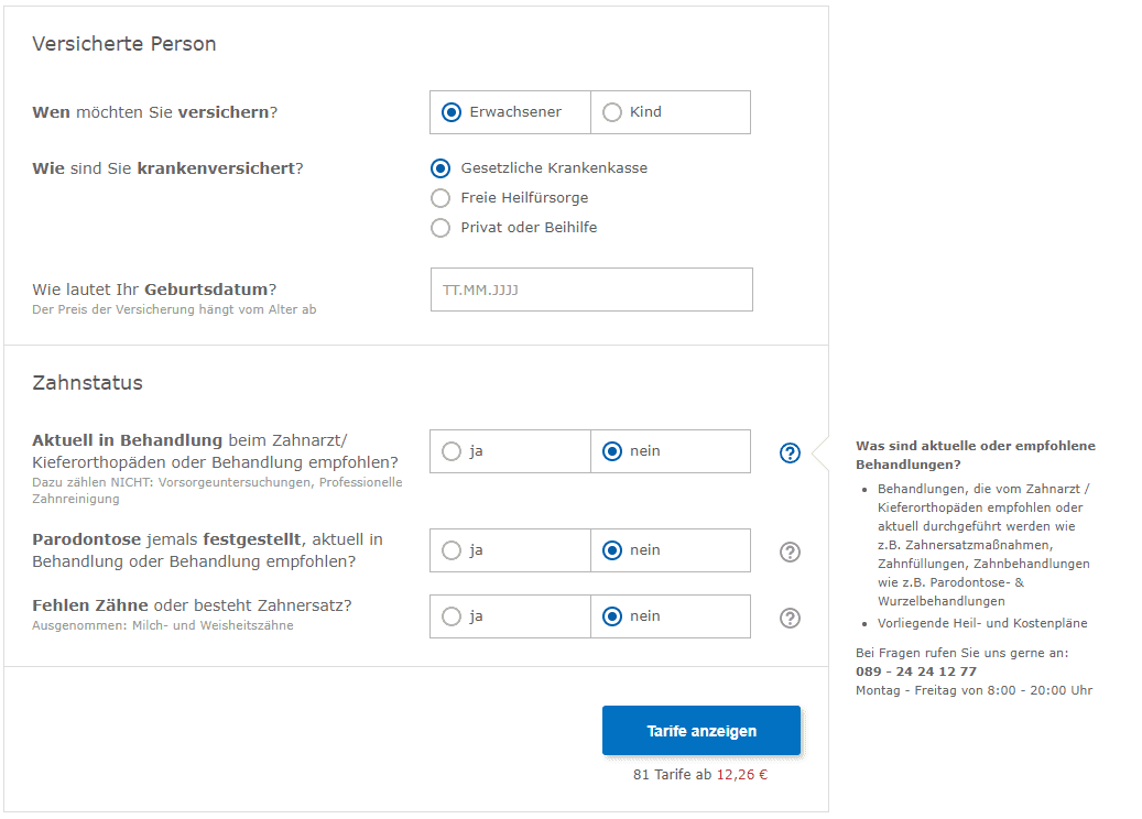 Screenshot vom Online-Vergleich ZZV - Zahnstatus