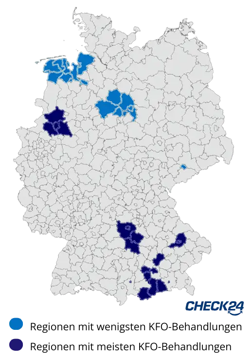 Deutschlandkarte mit Umrissen der Landkreise. Die Landkreise mit den wenigsten KFO-Behandlungen sind hellblau eingefärbt, die mit den meisten dunkelblau